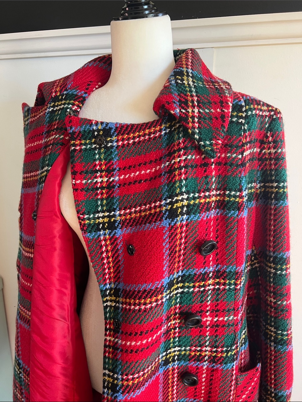 Vintage Red Plaid Double-Breasted Warm Irish Wool Coat - Picture 7 of 15